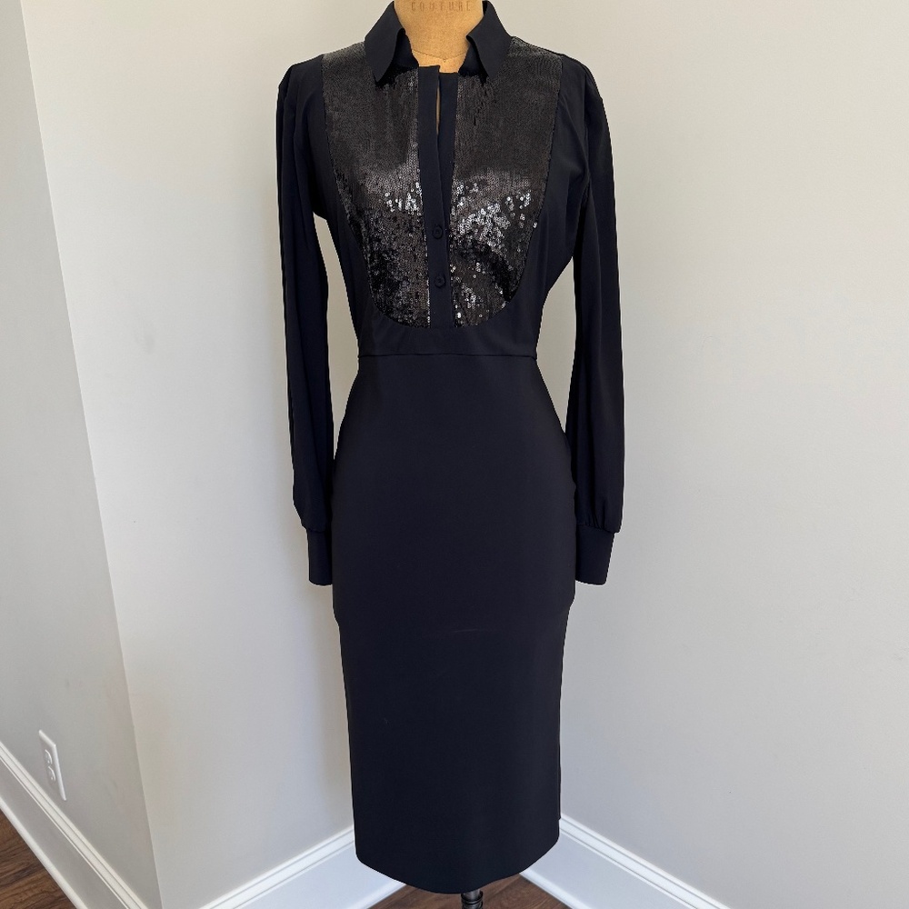 Chiara Boni Sequin-Bib Long-Sleeve Tuxedo Dress Size 10